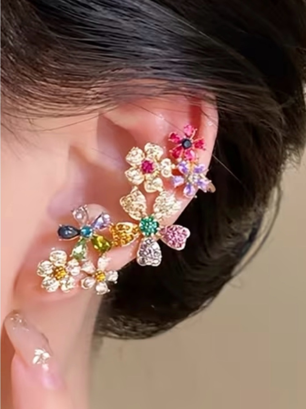 Multicolor Floral Crystal Ear Crawler - Women Jewelry